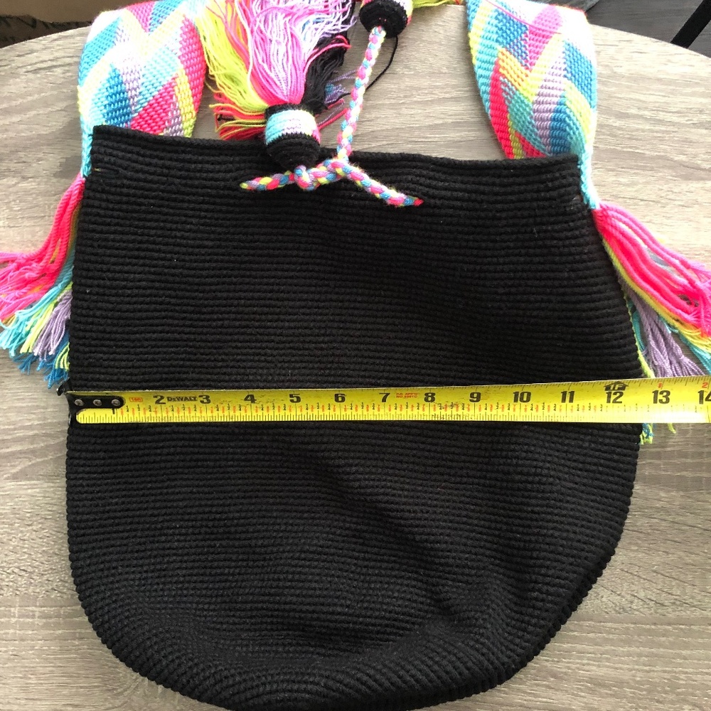 NWOT Handwoven Black Bucket Bag with Neon Tassels and Multicolor Strap - Picture 5 of 7